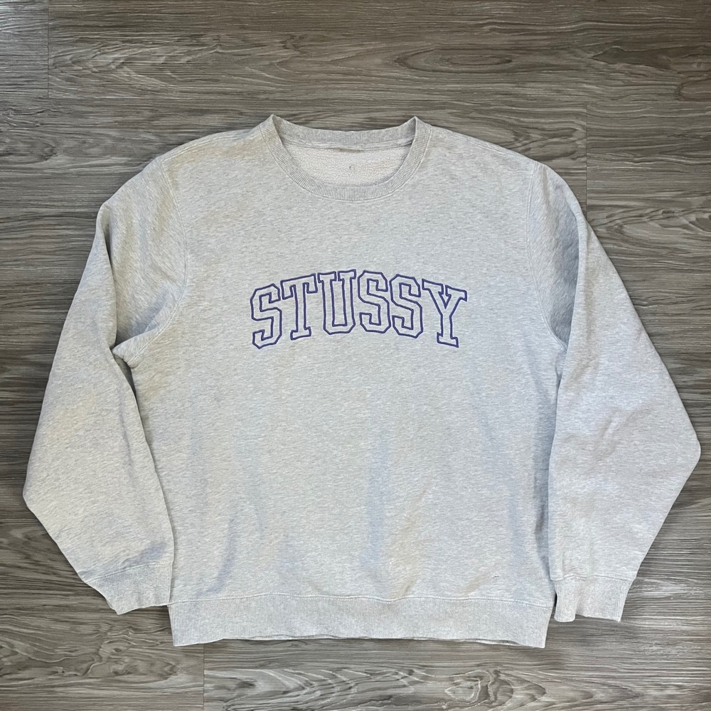 Stussy Mens Arched Logo Crewneck Sweatshirt Gray Purple Large Streetwear